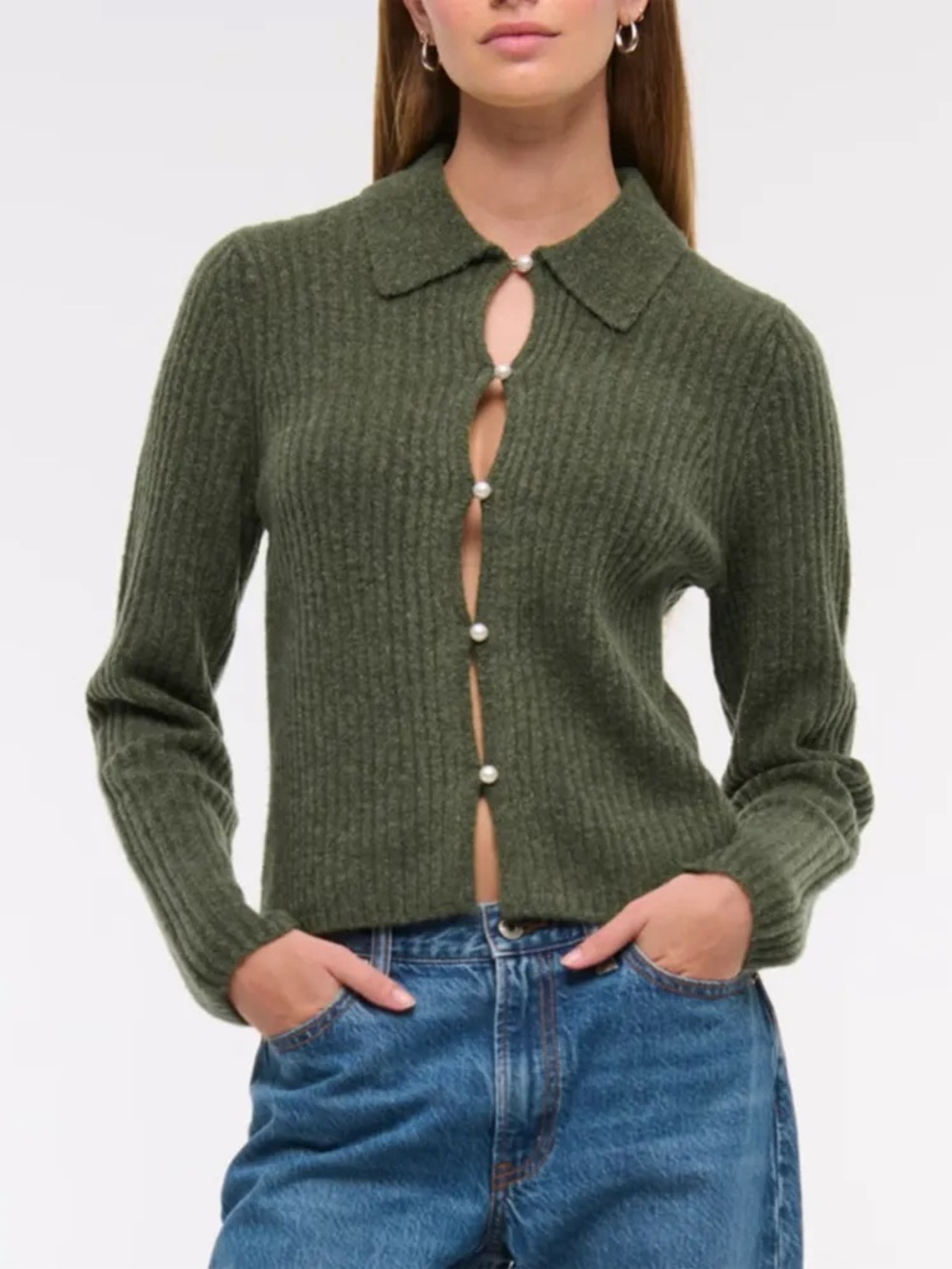 Abercrombie & Fitch Olive Ribbed Pearl-Button Collared Cardigan